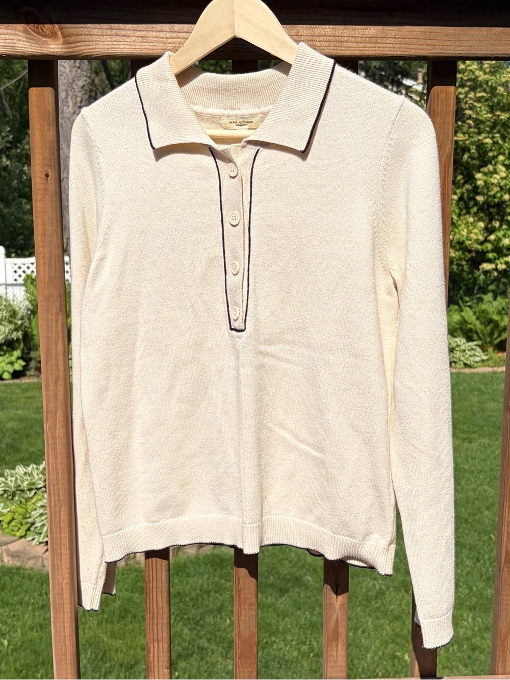 Max Studio Cream Polo Sweater with Contrast Piping